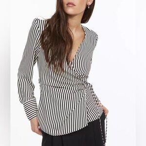 H&M Black Cream off White Stripe Wrap Blouse Size Large New with Tags